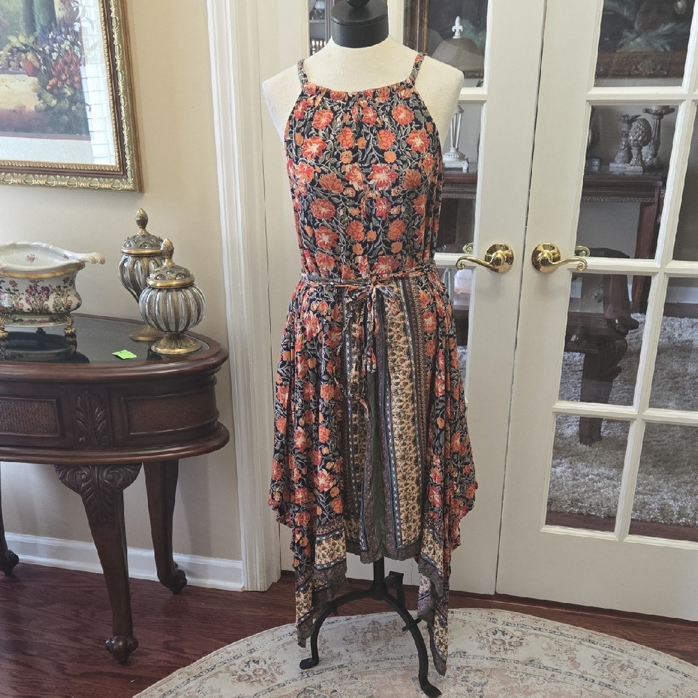 Nostalgia Asymmetrical Floral Dress Navy Coral Sage Self Fabric Belt Tie NEW
